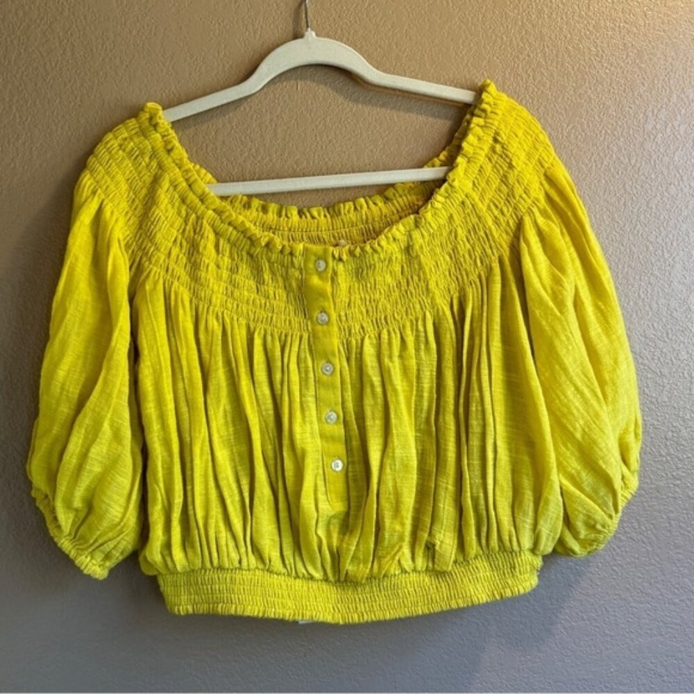 Free People Yellow Gauzy Boho Cropped Off The Shoulder Peasant Style Blouse NNN